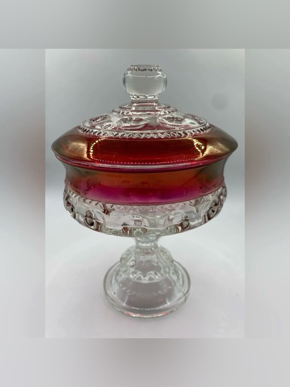 Tiffin-Franciscan Kings Crown Thumbprint Ruby Flashed Lidded Compote Candy Dish
